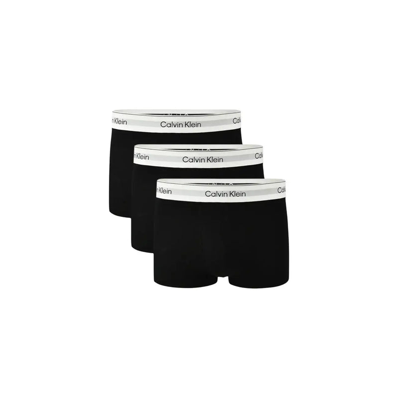 Black Calvin Klein men underwear boxer briefs with white elastic waistband featuring black logo text
