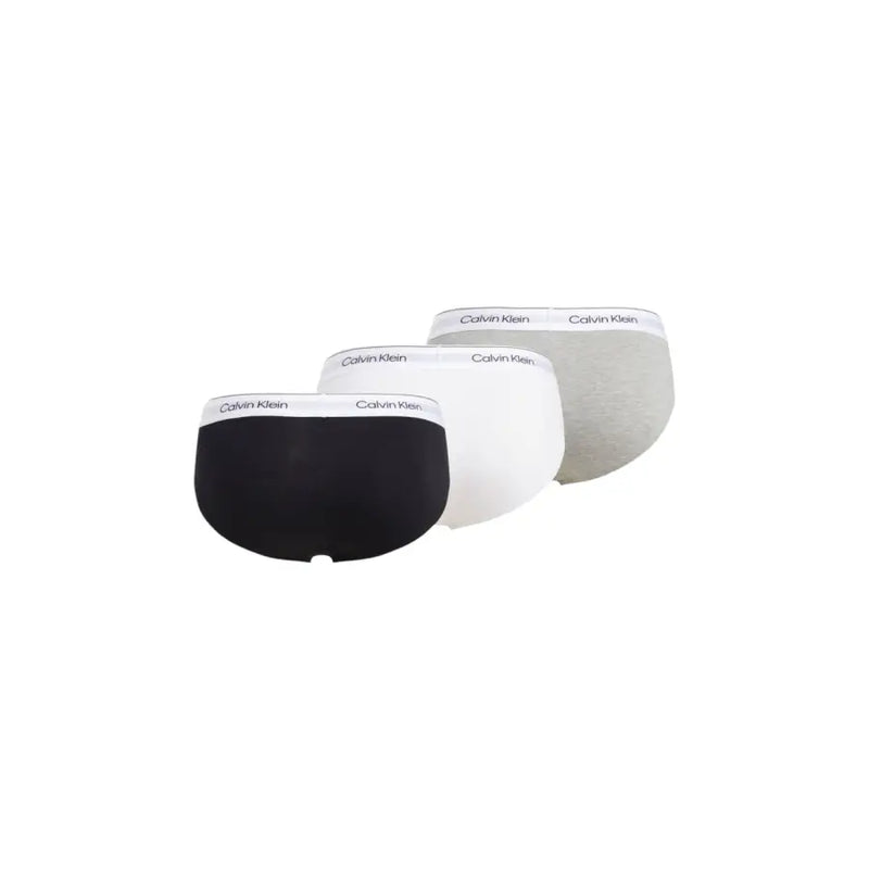 Calvin Klein Lot de trois slips pour hommes, coloris noir, blanc et gris chiné, avec ceinture élastique signature.