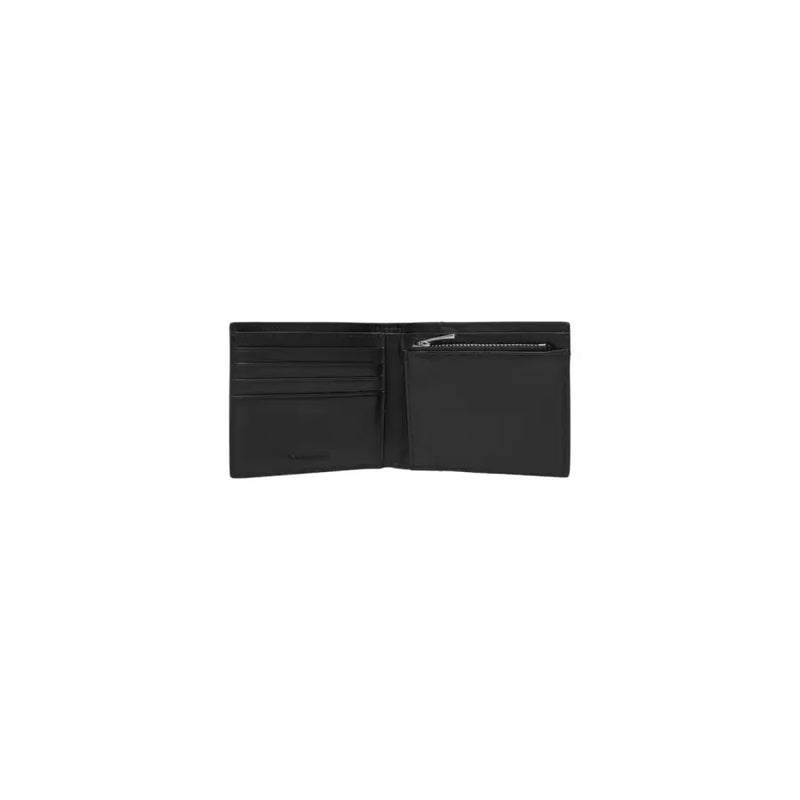 Calvin Klein men wallet black leather bi fold with multiple card slots and a zippered compartment