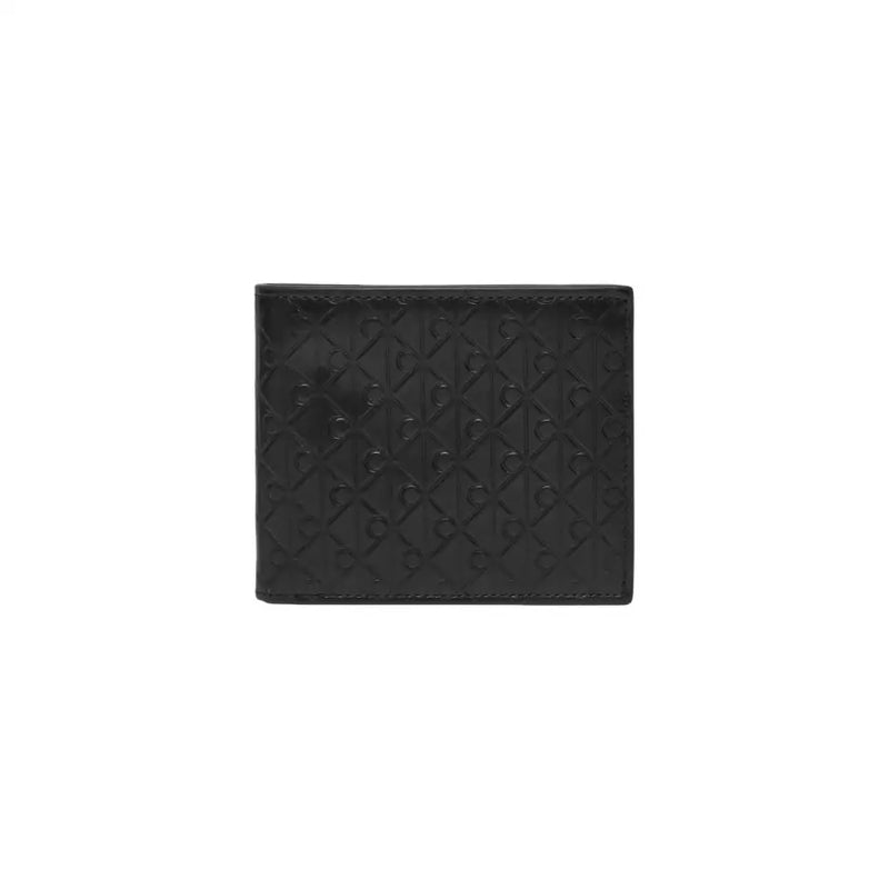 Calvin Klein men wallet in black leather with embossed repeating logo pattern for stylish everyday use