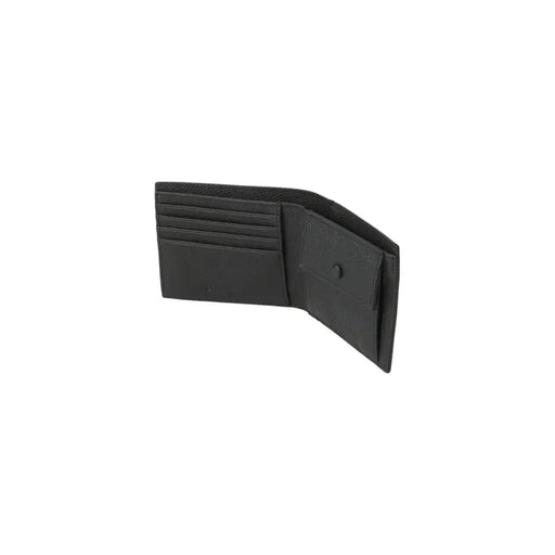 Calvin Klein men wallet black leather bifold with textured surface and multiple card slots for organized storage