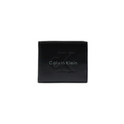 Black calvin klein men wallet with sleek embossed logo and smooth leather finish showing front side