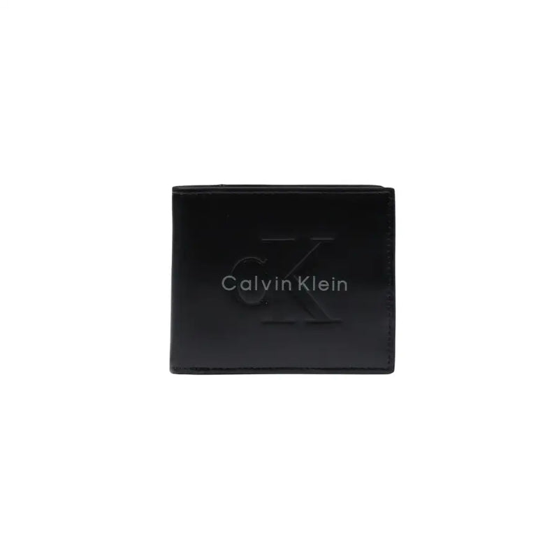 Black calvin klein men wallet with sleek embossed logo and smooth leather finish showing front side