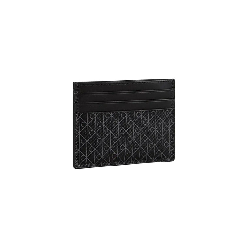 Calvin Klein men wallet black leather card holder with subtle geometric pattern and stitched edges