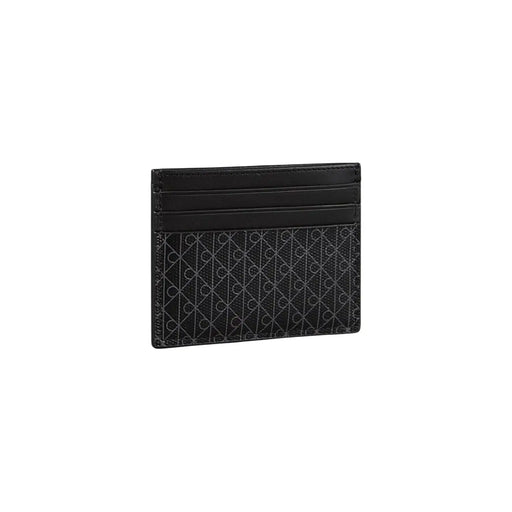 Calvin Klein men wallet black leather card holder with subtle geometric pattern and stitched edges