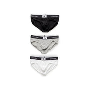 Set of three Calvin Klein men’s underwear briefs in black gray and white designed for comfort and daily wear