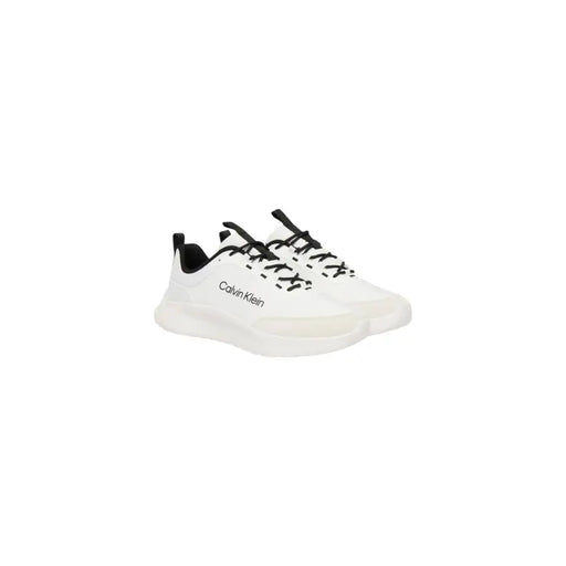 Calvin Klein men white polyester lace up sneakers with black laces and accents in front view