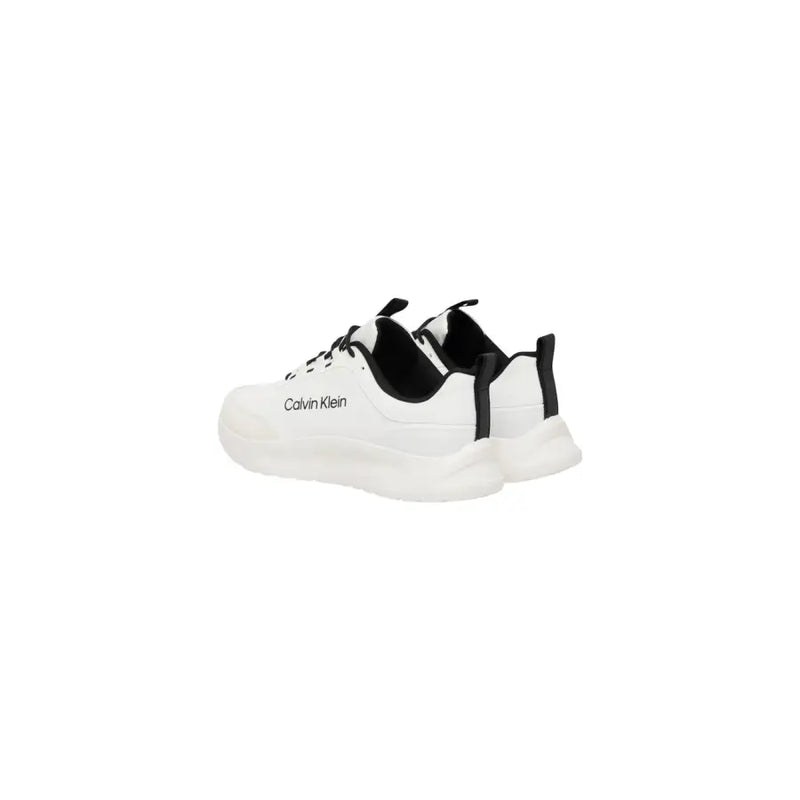 Calvin Klein men white polyester lace up sneakers with black laces heel tabs and branding on the side