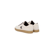 Calvin Klein men white suede sporty sneakers with cream canvas, black laces, tan sole, and ck logo on side