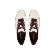 Calvin Klein men white suede sporty sneakers with brown laces and tan rubber sole front view