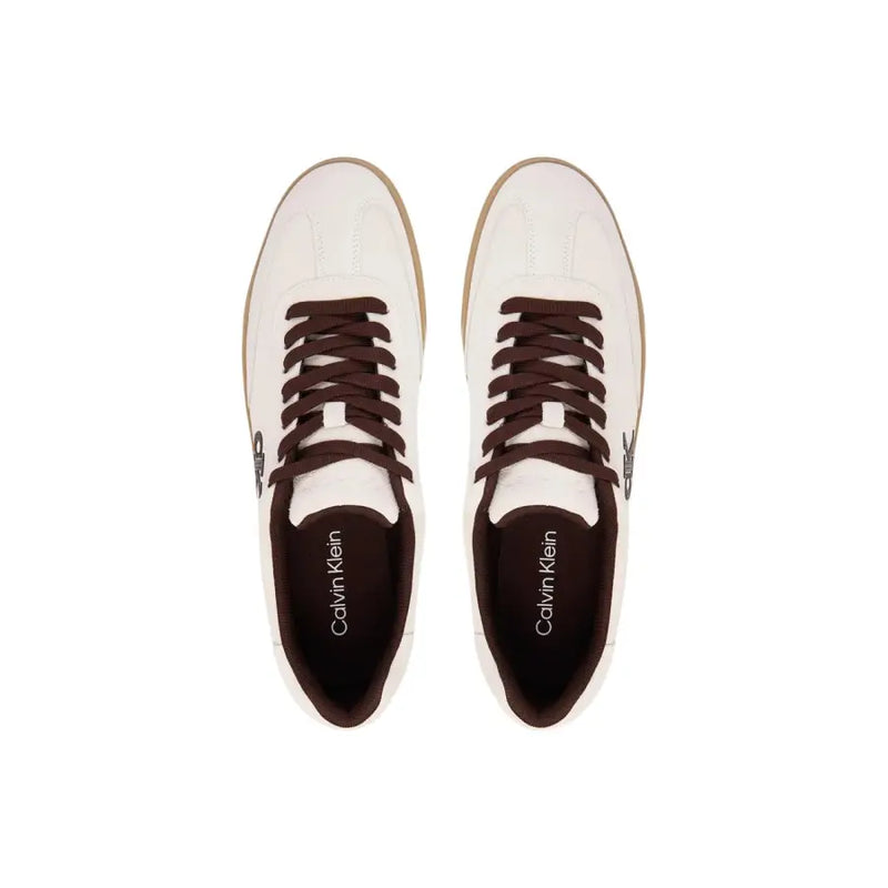 Calvin Klein men white suede sporty sneakers with brown laces and tan rubber sole front view
