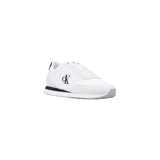 Calvin Klein men white textile lace up sneaker with black logo and accents shown from the back side