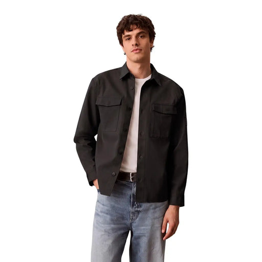 Calvin Klein mens black cotton shirt classic long sleeve with two chest pockets and a collar for formal wear
