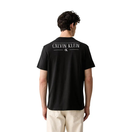 Calvin klein mens black cotton t shirt classic fit showing back with white calvin klein logo and ck monogram printed
