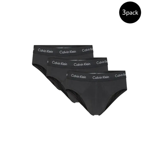 Three-pack of black Calvin Klein women’s briefs displayed with Calvin Klein men’s underwear