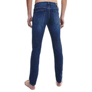 Calvin Klein men’s blue denim jeans with classic straight-leg cut and visible stitching details
