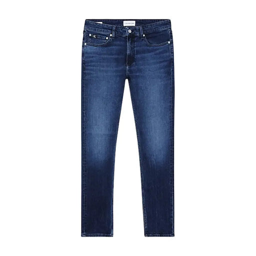 Calvin Klein men’s slim fit dark blue denim jeans with subtle fading and logo on waistband with pockets