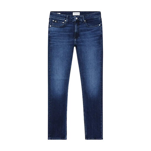 Calvin Klein men’s slim fit dark blue denim jeans with subtle fading and logo on waistband with pockets