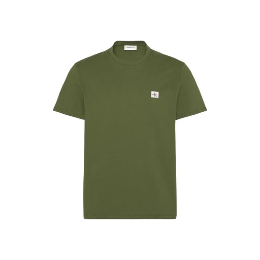 Calvin Klein mens green cotton t shirt featuring olive green short sleeves and a small white logo patch on left chest