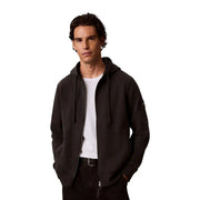 Calvin klein mens grey cotton hooded sweatshirt with black zip-up hoodie featuring subtle textured fabric and patch on sleeve