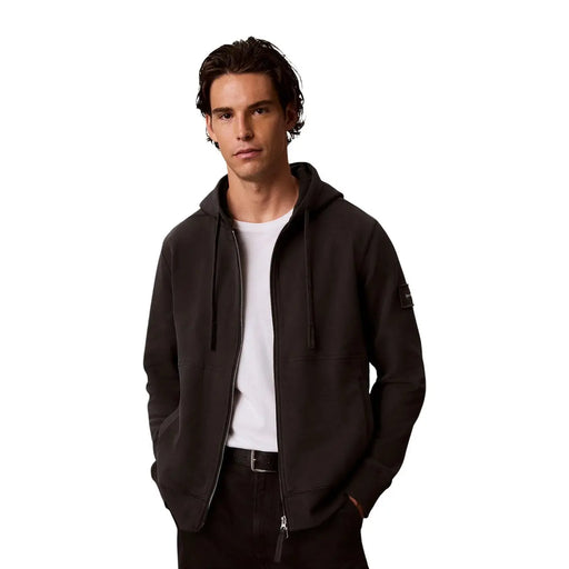 Calvin klein mens grey cotton hooded sweatshirt with black zip-up hoodie featuring subtle textured fabric and patch on sleeve