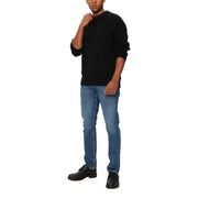 Black crew neck sweater with rolled sleeves and slim fit design.