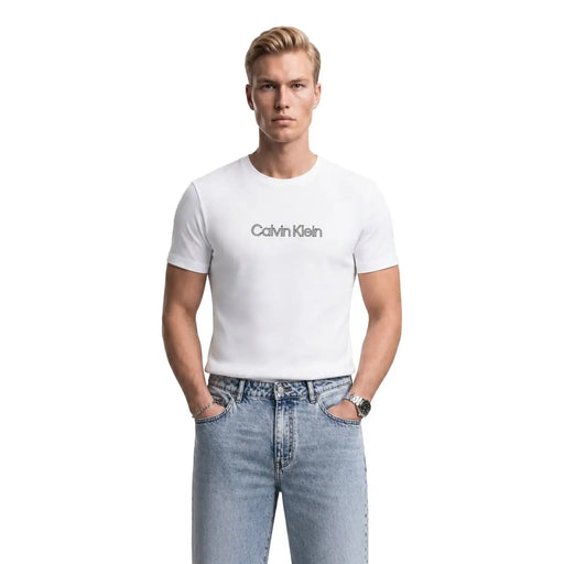Calvin Klein mens white cotton t shirt with subtle gray logo graphic across the chest