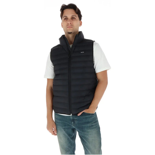 Calvin Klein puffer jacket for men in black with quilted design high collar and front zipper, front view