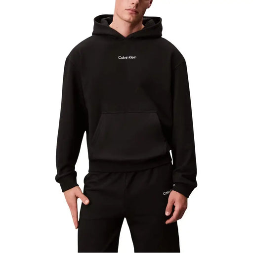 Calvin Klein Sport men black cotton hoodie sweatshirt with white logo and front pocket