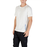 Calvin Klein sport mens white cotton blend t shirt with vertical blue logo on left side for casual wear