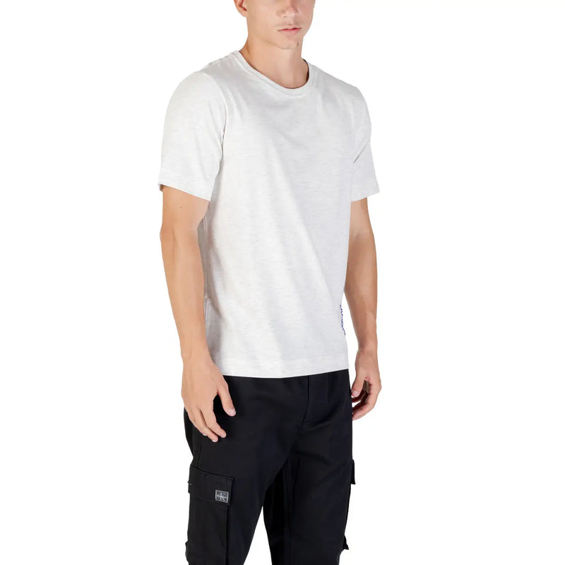 Calvin Klein sport mens grey cotton blend t shirt featuring white cotton crew neck with subtle side seam detailing