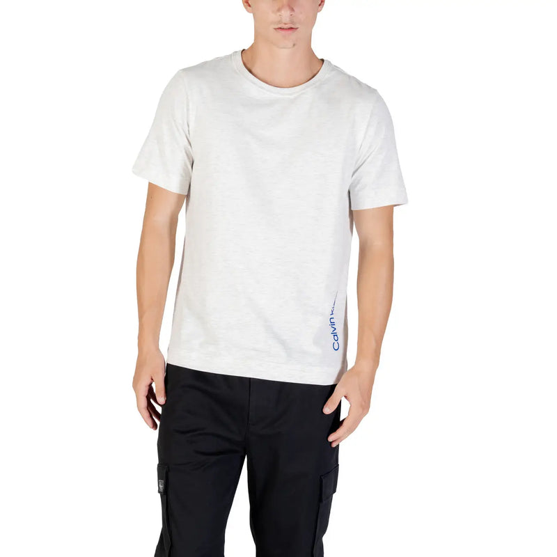 Calvin Klein Sport mens grey cotton blend t shirt with white fabric and subtle blue logo on the left sleeve