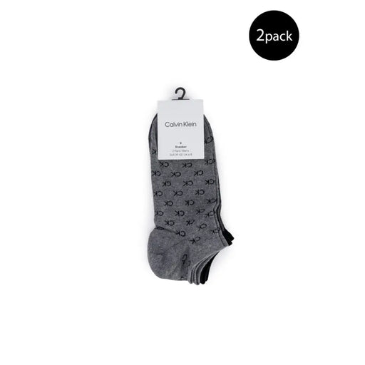 Two-pack of gray Calvin Klein ankle socks with repeating CK pattern for men’s spring summer collection