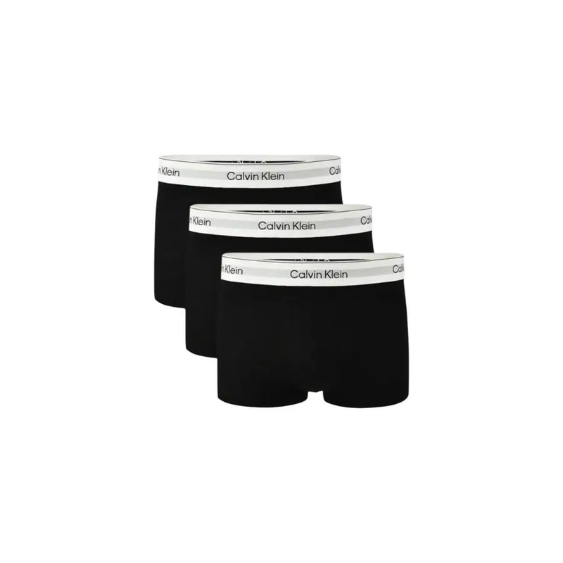Black Calvin Klein men underwear boxer briefs with white elastic waistband featuring black logo text