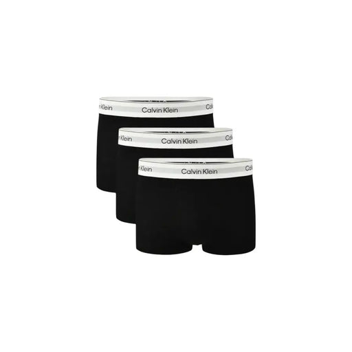 Black Calvin Klein men underwear boxer briefs with white elastic waistband featuring black logo text
