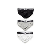 Set of three Calvin Klein men’s underwear briefs in black gray and white designed for comfort and daily wear