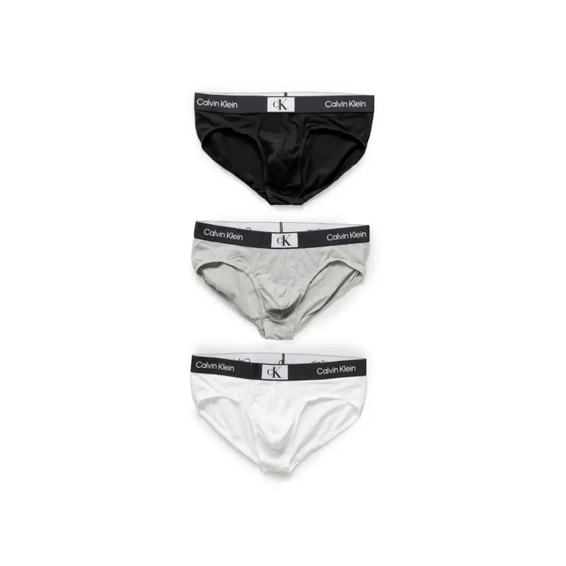 Set of three Calvin Klein men’s underwear briefs in black gray and white designed for comfort and daily wear