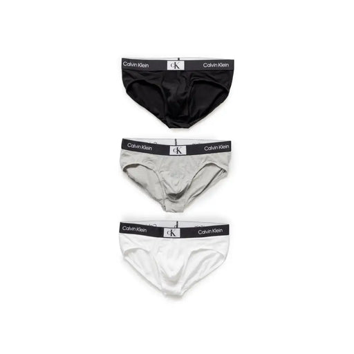 Set of three Calvin Klein men’s underwear briefs in black gray and white designed for comfort and daily wear