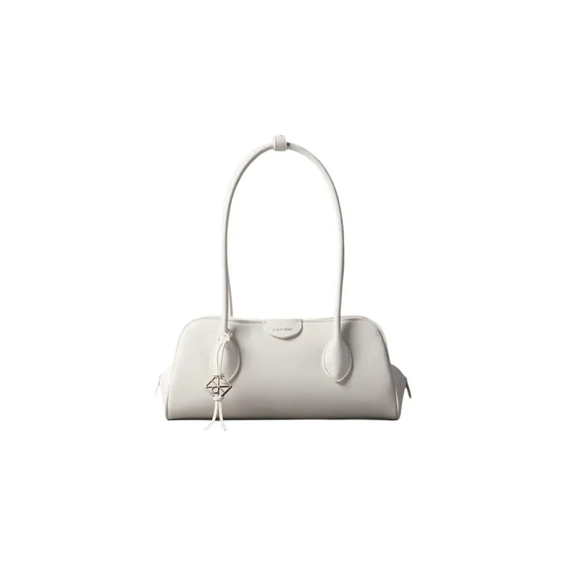 Calvin Klein white polyurethane women bag with sleek off-white leather curved handles and minimalist design with zip pockets
