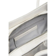 Calvin Klein white polyurethane tote bag with sleek minimalist design and silver-toned zip pockets for women