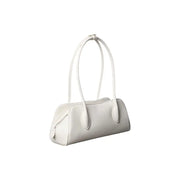A sleek white polyurethane Calvin Klein women bag with zip pockets and curved handles in minimalist design