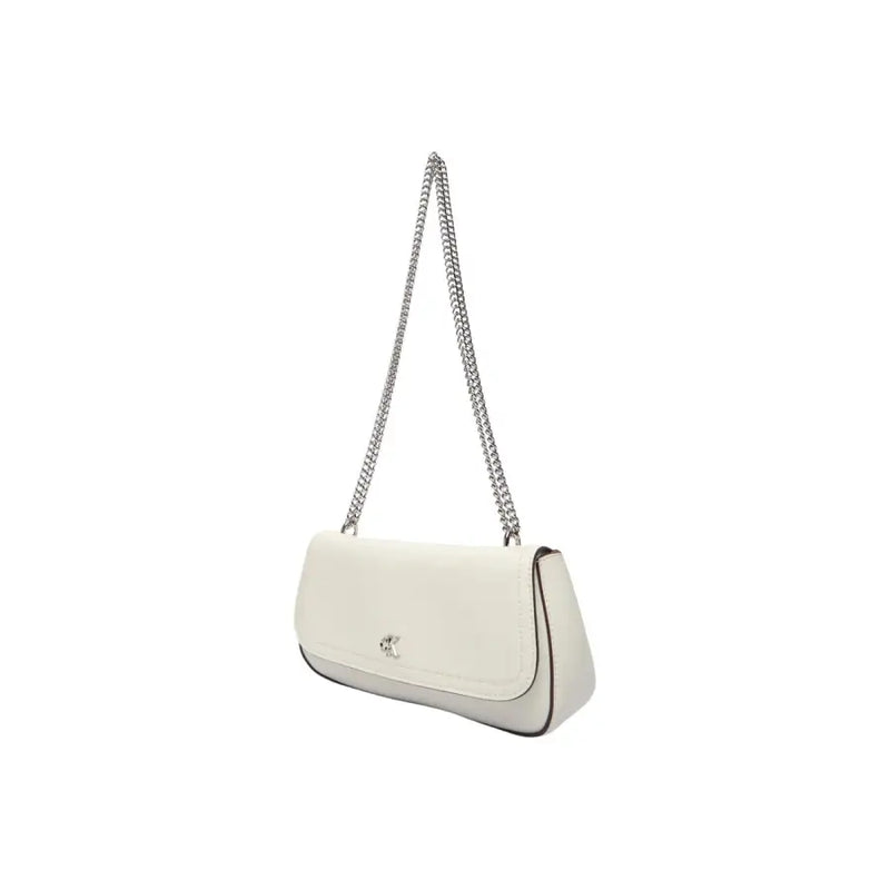 Calvin Klein white leather crossbody bag with silver chain strap and small metallic logo for spring summer use