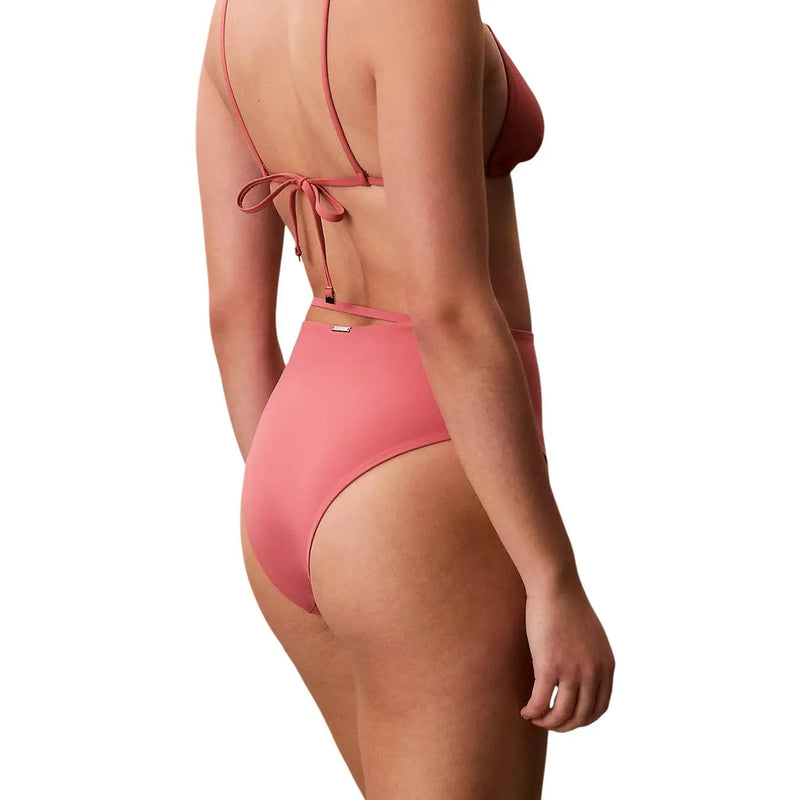 Calvin Klein women beachwear coral-pink nylon high-waisted bikini bottom with thin straps and tied-back design back view