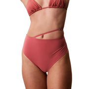 Calvin Klein women beachwear pink nylon rust-colored high-waisted bikini bottom with ruched top and side cutout strap