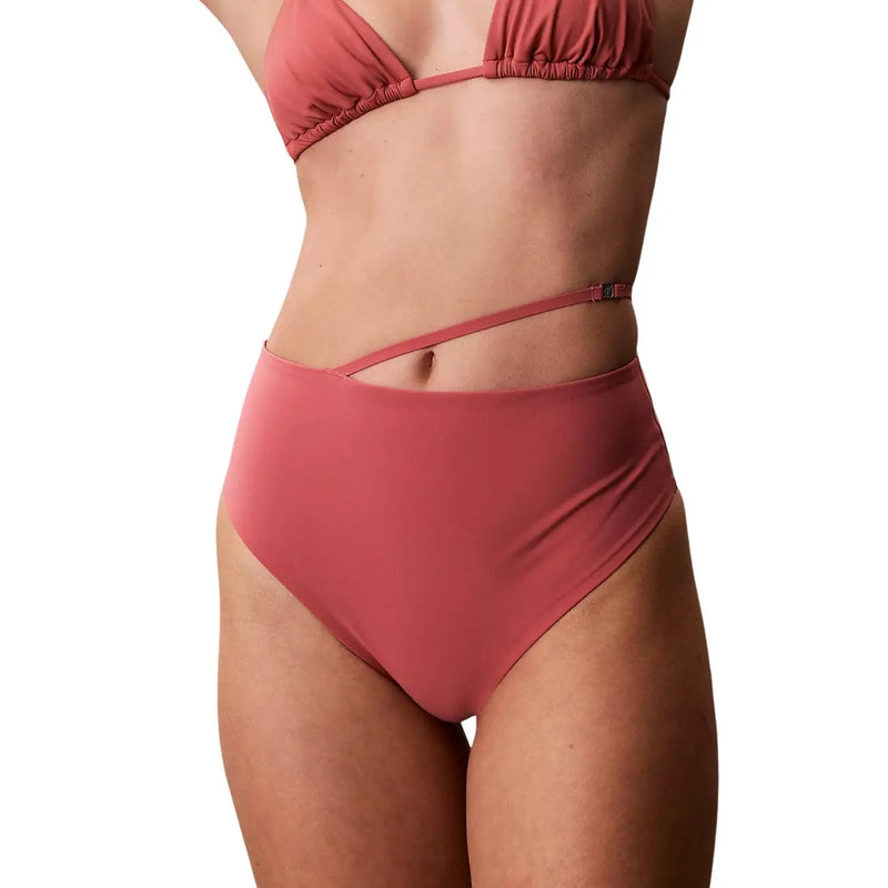 Calvin Klein women beachwear pink nylon rust-colored high-waisted bikini bottom with ruched top and side cutout strap