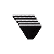 Black calvin klein briefs with white waistband featuring repeating calvin klein logo in cotton women bikini 5 pack