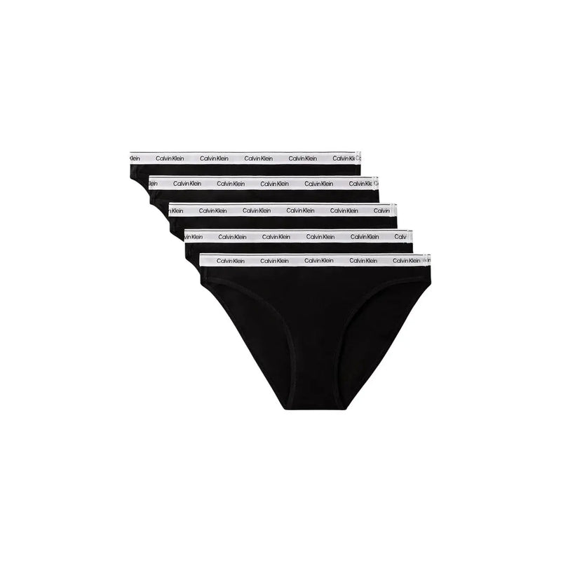 Black calvin klein briefs with white waistband featuring repeating calvin klein logo in cotton women bikini 5 pack