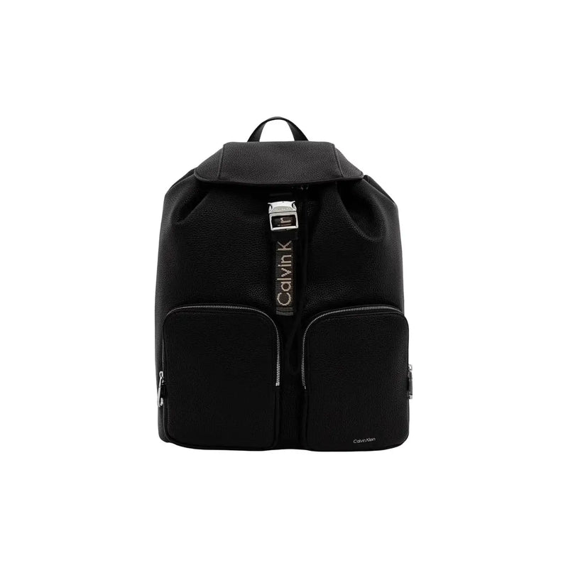 Calvin Klein women black backpack with textured polyurethane leather and silver-toned hardware 28 cm