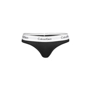 Calvin Klein women black cotton modal thong with white waistband and black logo text showing front view