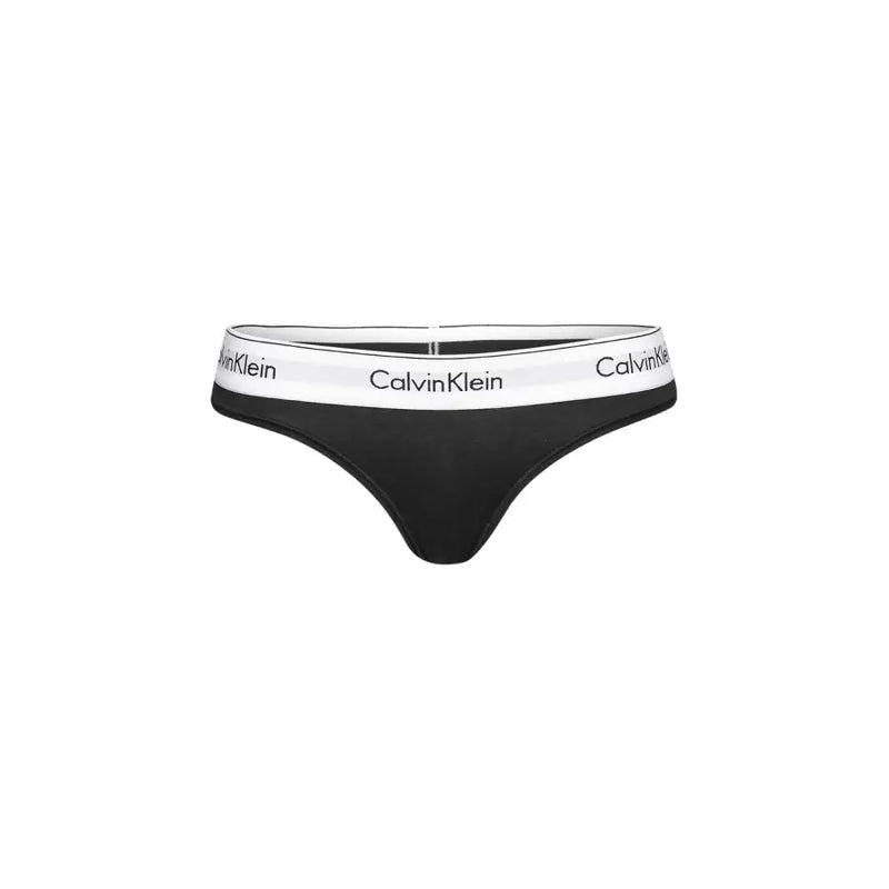 Calvin Klein women black cotton modal thong with white waistband and black logo text showing front view